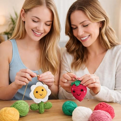 HOUSE CREATIVITY Crochet Keychain Kit for Beginners, Make 2 Strawberry & Sunflower Charms, Crochet Kits with Video Tutorial, Complete Set with Yarn, Hook & Keyring, Cozy Stress Relief Gift for Adults - Image 6