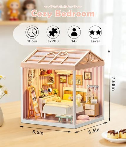 Cozy Bedroom DIY Miniature House Kit for Adults, 3D Dollhouse with LED Light & Dustproof Door, Stackable Connectable Display Case, Creative Gift for Home Decor Lovers Teens Women - Image 2