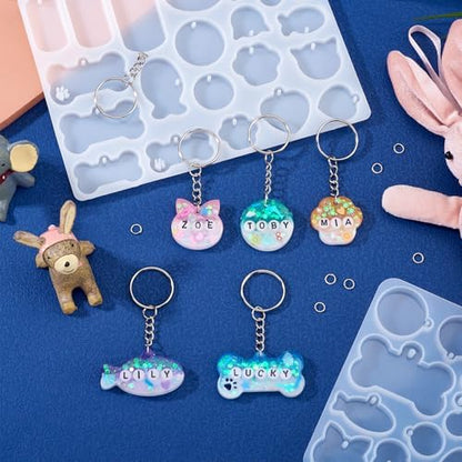 Pet Tag Silicone Mold Keychain Resin Molds Dog Bone Heart Fish Cat Paw Resin Casting Molds & 35Pcs Key Rings 70Pcs Jump Rings for DIY Keychain Dog Collar Earring Jewelry Making - Image 3