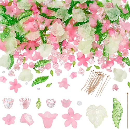 NBEADS 417 Pcs Acrylic Assorted Beads Kit, Frosted Flower Beads Caps Maple Leaf Acrylic Pendants Leaf Loose Beads Earring Making Kit with Faceted Glass Beads Brass Ball Pins for Jewelry Making by NBEADS
