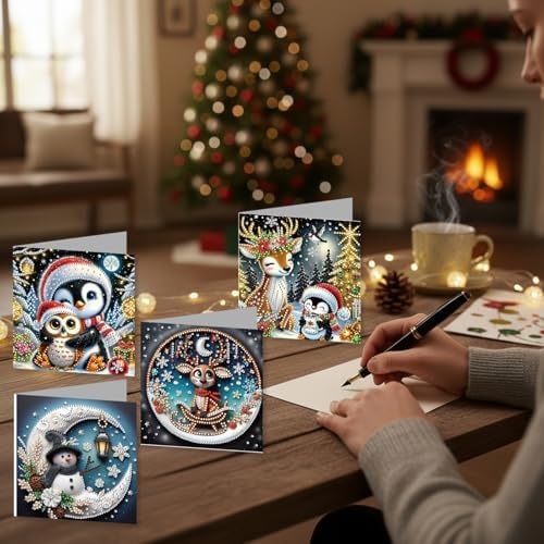 jinglinhh 12pcs Diamond Art Painting Christmas Moon Snowman Penguin Deer Greeting Cards with Envelopes, DIY Card Making Kits for Adults, Diamond Art Christmas Cards for Holiday Gifts - Image 6