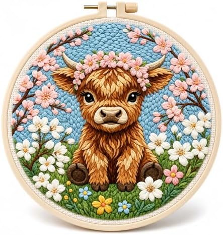 Punch Needle Kits for Beginners,DIY Punch Needle Embroidery with Fabric, Hoops, Yarns and Sewing Needles for Adults Children Festival Gift and Home Decor, 20x20cm (Peach Blossom Highland Cow) by ZMHKJZDQ