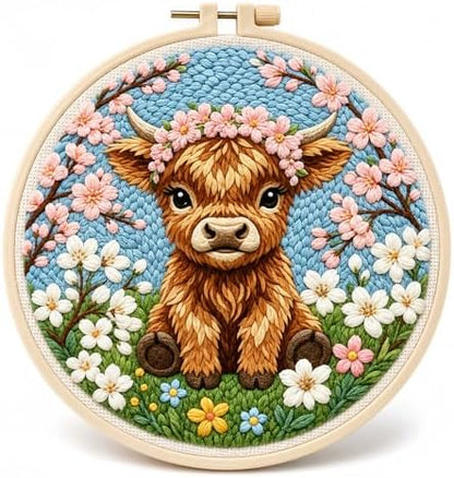 Punch Needle Kits for Beginners,DIY Punch Needle Embroidery with Fabric, Hoops, Yarns and Sewing Needles for Adults Children Festival Gift and Home Decor, 20x20cm (Peach Blossom Highland Cow) by ZMHKJZDQ
