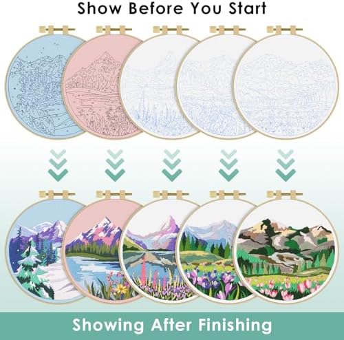 ERKOON Embroidery Kit for Beginners, 5 Sets Flower Cross Stitch Set for Adults Include Embroidery Cloth Hoops Threads for Craft Lover Hand Stitch with Skill Techniques (Landscape) - Image 4