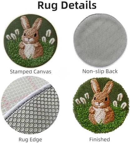 Latch Hook Rug Kit Brown Rabbit in Grass Easy for Beginners Round Shape Carpet Crochet Yarn Craft Mini Rug DIY Hook and Latch Little Tapestry for Home Decor 30x30cm - Image 3