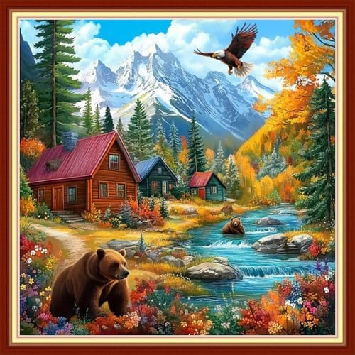 Joyhoor Cross Stitch Kits for Beginners Stamped Cross-Stitch Supplies Needlework preprint Embroidery Kits for Adults DIY Needlepoint Kits Embroidery Patterns 11CT-Beautiful Home 18x18 inchs by JoyhoorCrossStitchKits