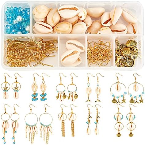 SUNNYCLUE 1 Box DIY 10 Pairs Beach Themed Earring Making Kits Starfish Shell Charms Cowrie Shell Beads & Glass Faceted Beads & Earring Hooks for Handmade Earrings Beginner by SUNNYCLUE