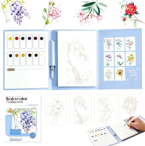 Watercolor Books for Adults – 3-Fold Portable Watercolor Painting Set with Pre-Printed & Blank Pages, Travel Watercolor Workbook for Beginners, Creative Stress Relief Gift for Adults (Flower) by ElvesBeauty