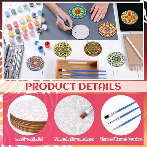 Reallnaive 8 Pcs Mandala Paint by Numbers Kit for Adults Wooden Coasters - Image 4
