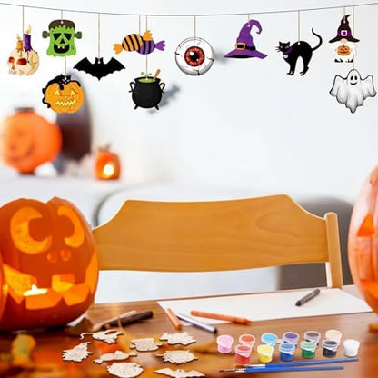 JellyArch 36 Pcs Halloween Wood Cutouts Crafts, Halloween Pumpkin Skull Bat Ghost Blank Unfinished Wooden Shape Slice, DIY Crafts Paint Hanging Ornaments for Party Decor - Image 5