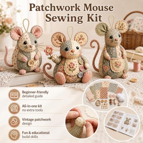 Patchwork Mouse DIY Kit,Handmade Sewing Craft Kit with Pre-Cut Fabric,Stuffing and Buttons,Creative Patchwork Animal Craft Project,Cute Mouse Ornament DIYKit,for Adults,Beginners,Gift for CraftLovers - Image 7
