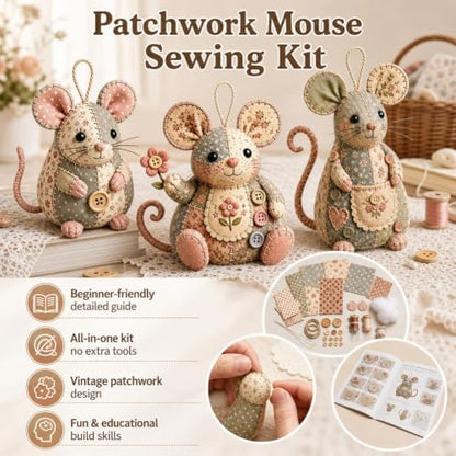 Patchwork Mouse DIY Kit,Handmade Sewing Craft Kit with Pre-Cut Fabric,Stuffing and Buttons,Creative Patchwork Animal Craft Project,Cute Mouse Ornament DIYKit,for Adults,Beginners,Gift for CraftLovers - Image 7