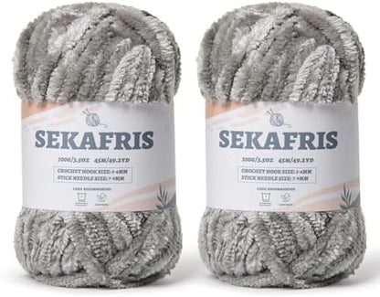 Chenille Velvet Soft Yarn Grey 2 Pack by Sekafris