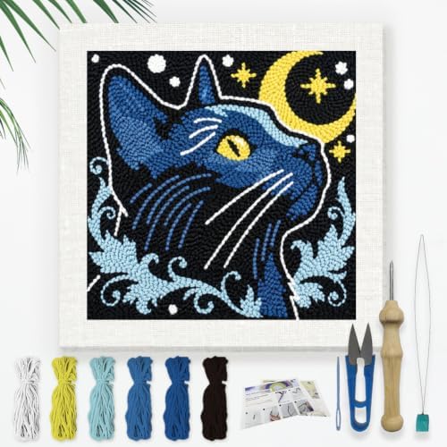Doodlream Moon Blue Cat Punch Needle Kit for Beginner 9.4"x9.4" by Doodlream