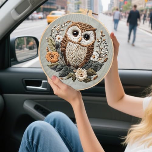 FONNUY Embroidery Kit for Beginners, Owl Flowers Pre-Stamped Pattern Kits for Adults with Hoop, Easy to Follow Color Thread Needlework, 8'' Hoop (Brown) - Image 3