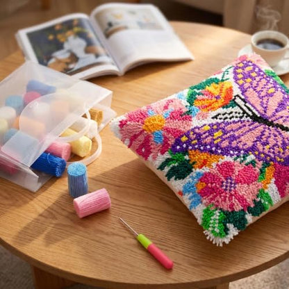 Latch Hook Kits for Adults Beginner,17x17 inch Butterfly Floral DIY Crochet Pillow Cover Kit Pre-Printed Pillowcase Hook and Latch Kit Needlework Cushion Cover for Home Sofa Decor (Butterfly Flowers) - Image 3