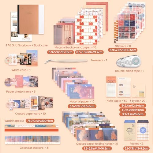 imoon Scrapbook Photo Album Supplies Kit with Tweezers and Glue Tape – Romantic Aesthetic Junk Journal Kit, Scrapbooking Paper, Sticker Pack, Notebook, DIY Craft, Gift for Adults (Sunset) - Image 3