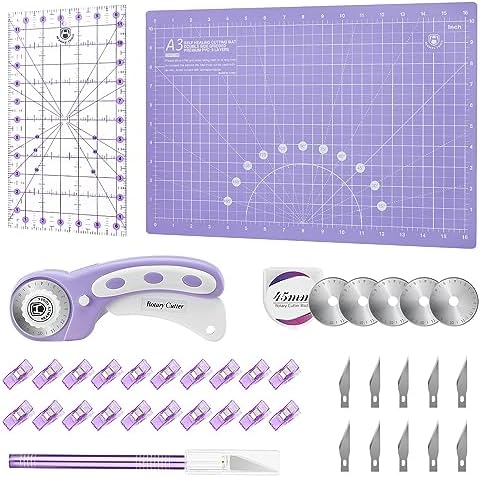 Headley Tools Rotary Cutter Set - 45mm Fabric Cutter, 5 Extra Rotary Blades, A3 Cutting Mat, Quilting Ruler and Sewing Clips, Craft Knife Set, Ideal for Crafting, Sewing, Patchworking, Purple by HeadleyTools