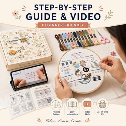 Ruyitycy Embroidery Kit for Beginners and Adults, Learn 21 Stitches with Video Tutorials, All-in-One Hand Embroidery Starter Set with Patterns, Hoop, Threads and Tools - Image 2