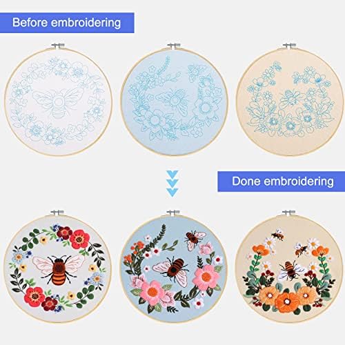 Santune 3 Pack Bee Embroidery Kit for Beginners Adult Cross Stitch Kits Hand Embroidery with Animal Patterns and Instructions,DIY Sets for Women with Hoop,Threads and Needles - Image 4