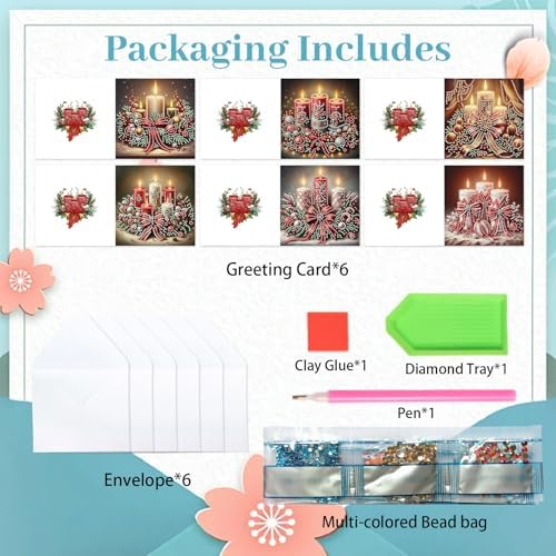 MVVMTOP 6pcs Christmas Diamond Painting Greeting Card with envelopes, DIY Candle Diamond Art Greeting Card for Blessing and Wish Special Shaped Arts Crafts for Birthday Thanksgiving Day Holiday - Image 3