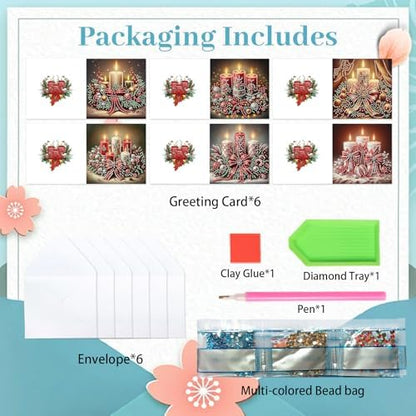 MVVMTOP 6pcs Christmas Diamond Painting Greeting Card with envelopes, DIY Candle Diamond Art Greeting Card for Blessing and Wish Special Shaped Arts Crafts for Birthday Thanksgiving Day Holiday - Image 3