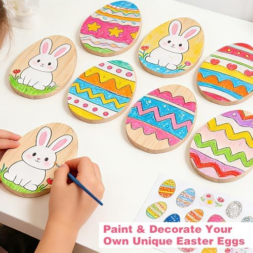 Easter Egg Painting Kit, DIY Craft Kit with 9 Blank Wooden Eggs, Unfinished Standing Wood Ornaments to Paint for Adults Family, Spring Home Decor Table Centerpiece Easter Party Supplies - Image 2