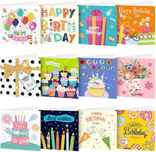 Saillong 12 Pack Happy Birthday Diamond Art Greeting Cards with Envelopes by Saillong