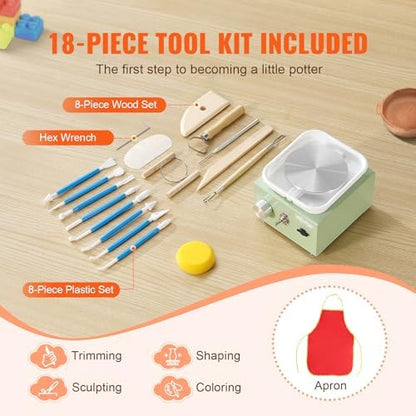 VEVOR Mini Pottery Wheel for Kids and Adults, 2 Turntables 2.6in/3.9in, 0-320RPM Speed Adjustable, Complete Pottery Kit With 18pcs Accessories Tools, Craft Christmas Gifts for Kids Teens Adults, Green - Image 6