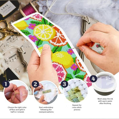 INFUNLY 6Pcs Lemon Cross Stitch Bookmark Kit 3x8.5 Inch/7.6x21.6cm Stamped Embroidery Starter Set with 20 Color Floss Cotton Linen DIY Needlepoint Bookmark for Book Lovers Gift, Colorful - Image 4