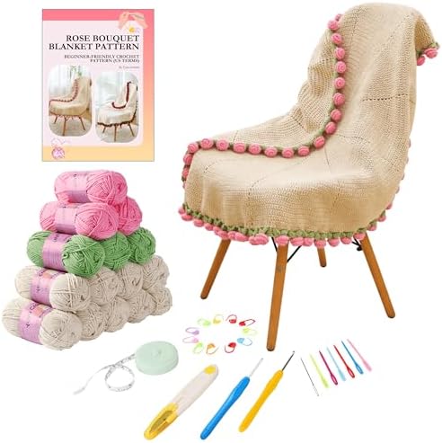 Yoyo Crocheted Rose Blanket Kit for Beginners, 40 inches Flower Bouquet Shawl Kits for Adults, Learn How to Knit with Yarn, Hook & Instructions, DIY Gifts for Women (Pink Rose Bouquet Blanket Kits) by Unknown