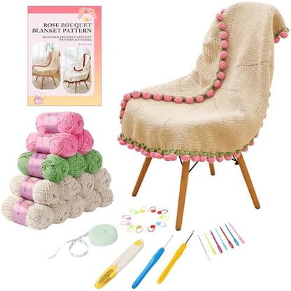 Yoyo Crocheted Rose Blanket Kit for Beginners, 40 inches Flower Bouquet Shawl Kits for Adults, Learn How to Knit with Yarn, Hook & Instructions, DIY Gifts for Women (Pink Rose Bouquet Blanket Kits) by Unknown