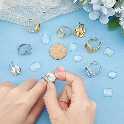SUNNYCLUE 24Pcs DIY 12 Sets Finger Ring Blanks Bezel Trays Adjustable Stainless Steel Ring Base Blank Components Set Pad Settings Square Round Glass Cabochons for Jewelry Making Kit - Image 3