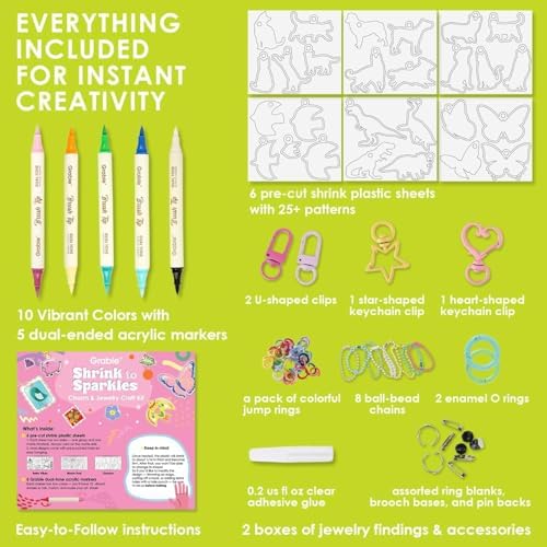 Grabie Shrink Art Craft Kit of 25+ Shapes, Markers & Charms, Paws & Wings - Image 3