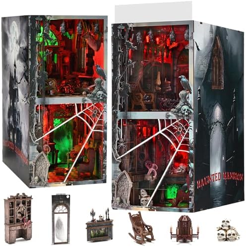 fifijoy Haunted Mansion Halloween Book Nook Kit - DIY Miniature Haunted House Booknook for Adults, Spooky 3D Wooden Puzzle Bookshelf Insert Decor with LED Light, Gifts for Family, Friends by fifijoy