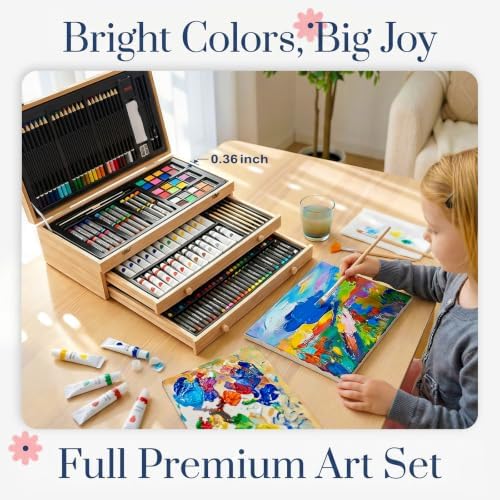 194 Piece Deluxe Art Set, Painting Drawing Art Supplies with 4 Drawing Pads, Acrylic Paints, Crayons, Colored Pencils Set in Wooden Case, Art Kit Gift Box for Kids, Teens, Adults, Artists, Beginners - Image 3