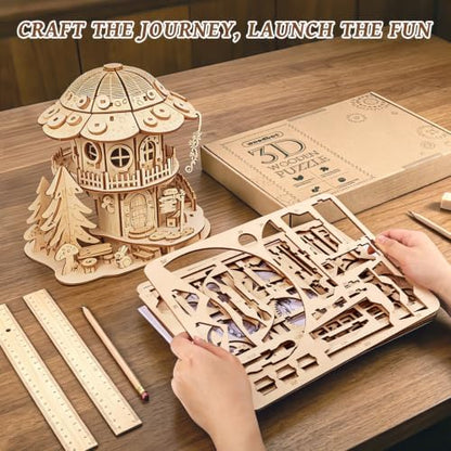 3D Wooden Puzzle for Adults,DIY Creative Mushroom House Model Kit - Image 5