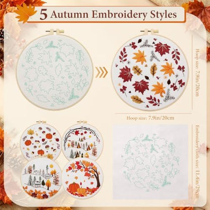 Kuabiz 5 Sets Fall Embroidery Kits for Beginners Autumn Maple Leaves Cross Stitch Kit for Adults Thanksgiving Pumpkins Embroidery Starter Kit Hoop Needlepoint Kits with Instruction Needles Threads - Image 2