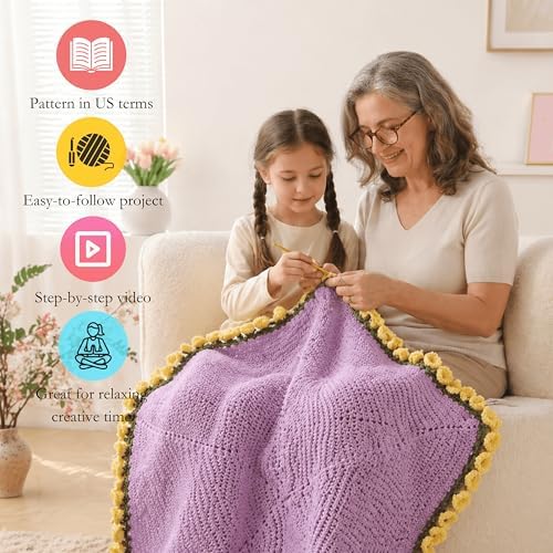HZYZW Crochet Flower Blanket Kit for Beginners, 40'' Lily of The Valley Bouquet, Blanket Shawl Throw Kits for Adults, How to Knitting with Yarn, Home Decor Gifts for Crocheters (Purple-Yellow Lily) - Image 2