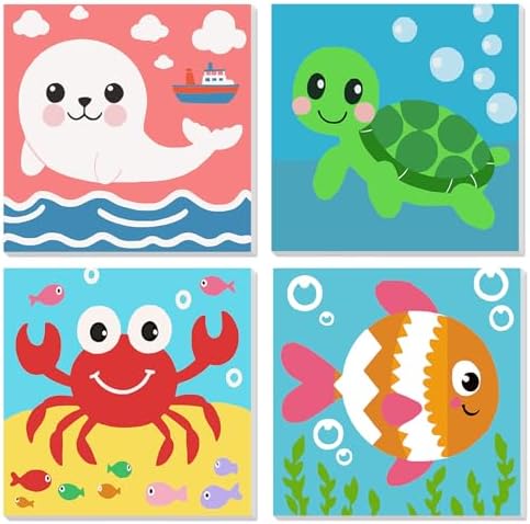MVVMTOP 4 Pack Paint by Numbers Kit for Adults Beginner with Wooden Frame, Easy DIY Marine Animals Acrylic on Canvas Paint Painting Kits, for Home Wall Decoration Arts Crafts 7.8x7.8inch by MVVMTOP