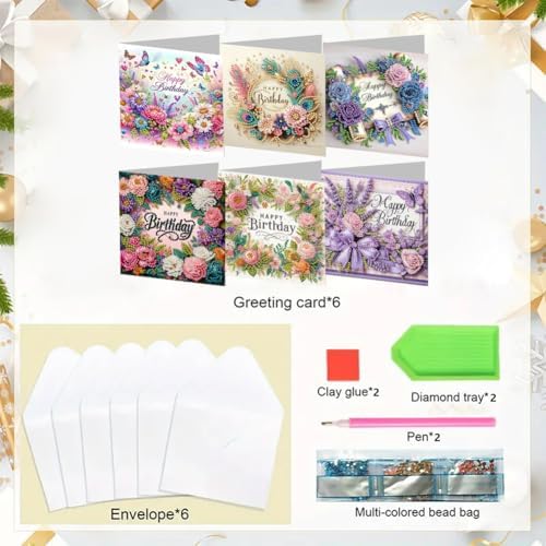 jinglinhh 6pcs Happy Birthday Rose Flowers Purple Bow Diamond Art Painting Greeting Cards with Envelopes, DIY Card Making Kits for Adults, Diamond Art Postcards Christmas Cards Craft Gifts - Image 3