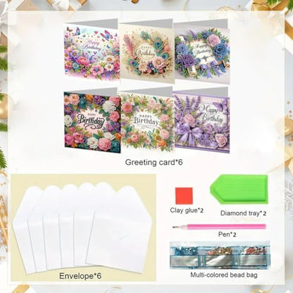 jinglinhh 6pcs Happy Birthday Rose Flowers Purple Bow Diamond Art Painting Greeting Cards with Envelopes, DIY Card Making Kits for Adults, Diamond Art Postcards Christmas Cards Craft Gifts - Image 3