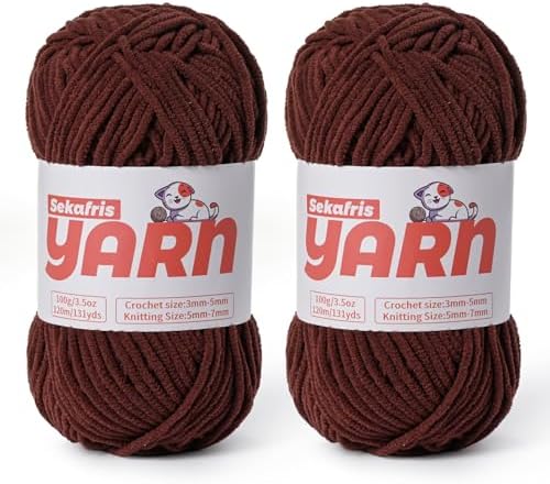 2 Pack Plush Chunky Chenille Yarn for Crocheting, Soft Fluffy Velvet Yarn for Crocheting Amigurumi, Fuzzy Baby Blanket Knitting 200g/262yds Bulky(2 Dark Coffee) by Sekafris