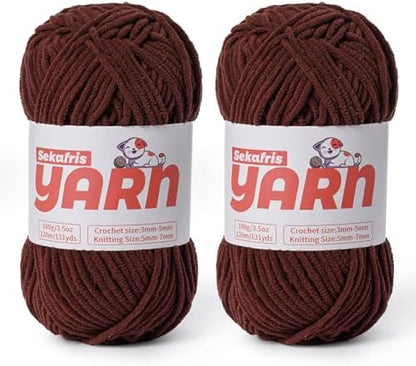 2 Pack Plush Chunky Chenille Yarn for Crocheting, Soft Fluffy Velvet Yarn for Crocheting Amigurumi, Fuzzy Baby Blanket Knitting 200g/262yds Bulky(2 Dark Coffee) by Sekafris