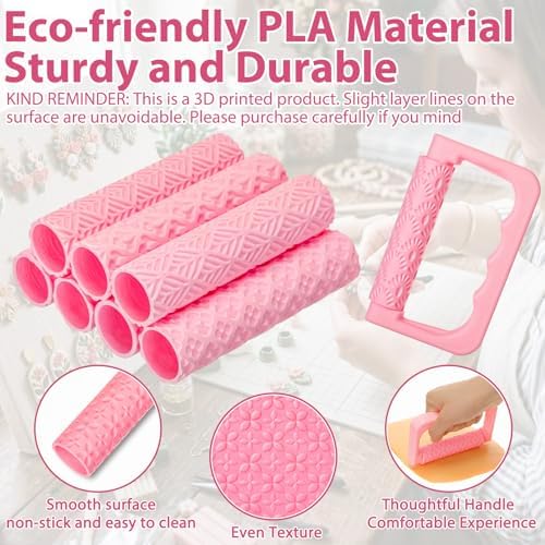 Leriton 9 Pcs Clay Texture Roller Set with Handle, Floral - Image 4