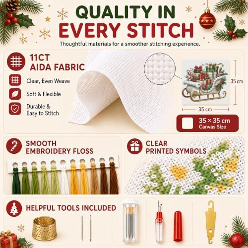 AuraDraw Christmas Stamped Cross Stitch Kits - Christmas Sled Counted Cross Stitch Kits for Beginners, Cross-Stitch Patterns Dimensions Needlecrafts Embroidery Kits Arts and Crafts - Image 4