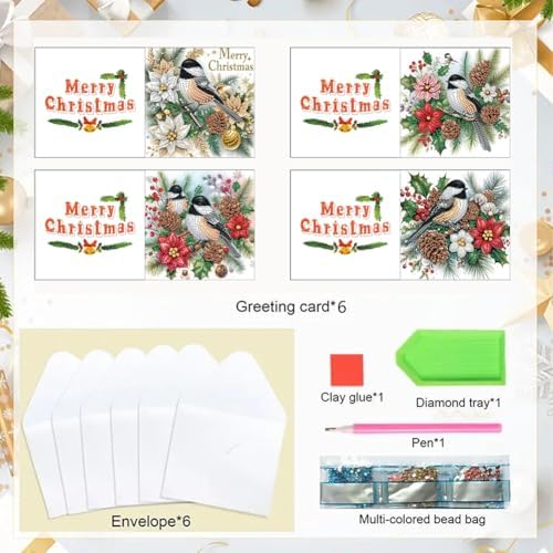 6pcs DIY Diamond Art Christmas Cards Kit with Envelopes & Tools-Diamond Dot Greeting Cards,Xmas 5D Rhinestones Painting for Adults,DIY Craft Family Friend Xmas Gifts(Christmas Bird) - Image 6