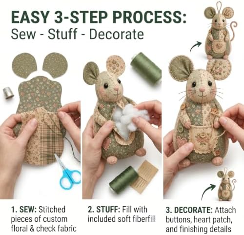 Patchwork Mouse DIY Sewing Craft Kit - Floral Fabric (Set C) - Image 6