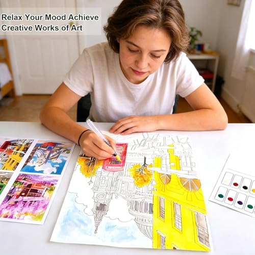 LACHLAND Watercolor Painting Kit for Adults, Large Envelope Water Coloring Book with 6 Sheets, Art Therapy Travel Set for Relaxation, Students Beginners DIY Paint Art Craft Gift - Image 6
