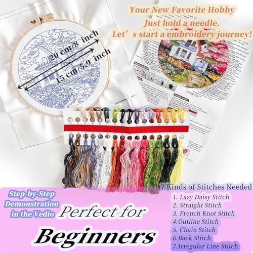 FONNUY Embroidery Kit for Beginners, Boho Nature Landscape Pre-Stamped Pattern Kits for Adults with Hoop, Easy to Follow Color Thread Needlework, 8'' Hoop (Flower House) - Image 3